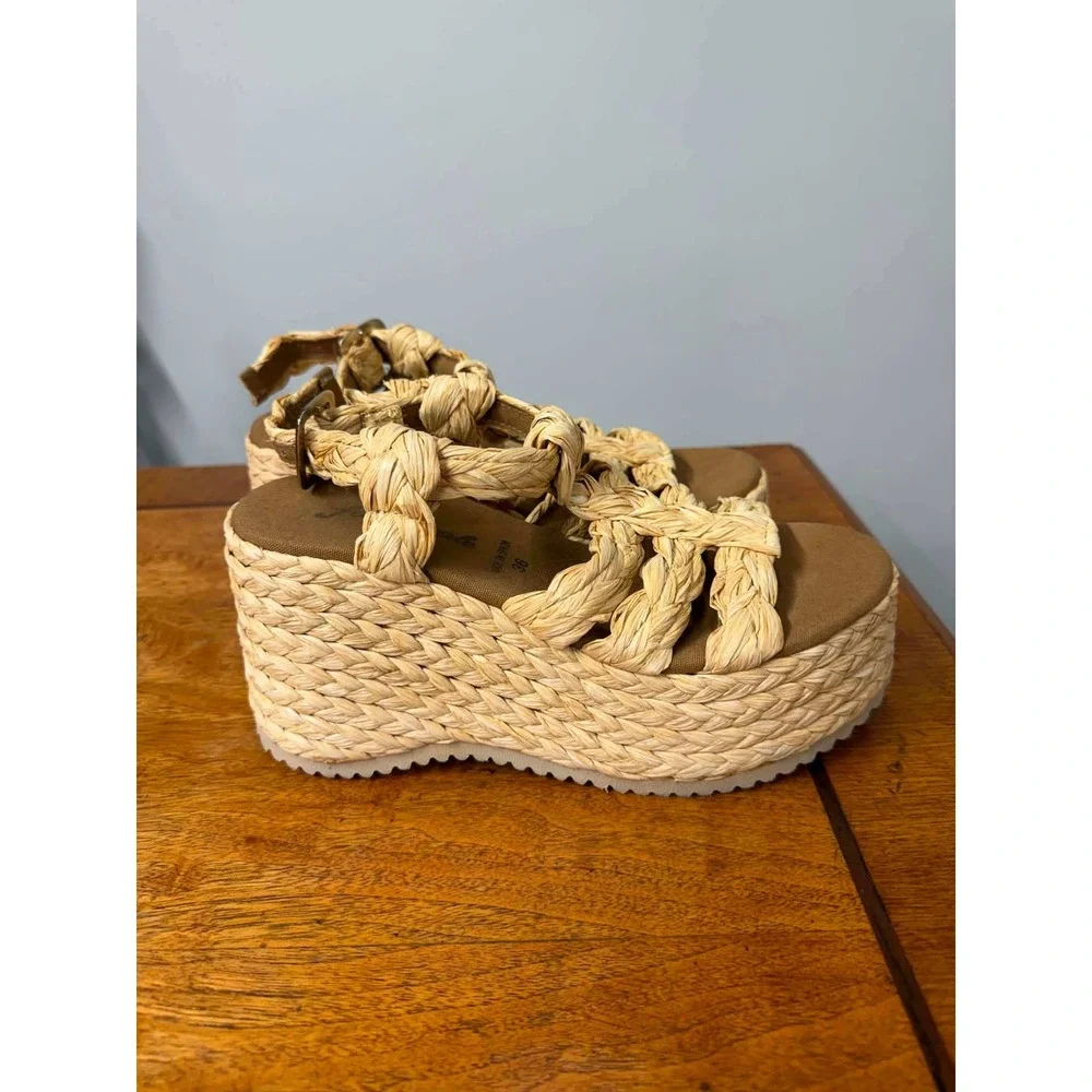 Free People Woven Raffia Platform Sandals Tan Espadrille Wedge Made in Spain 36